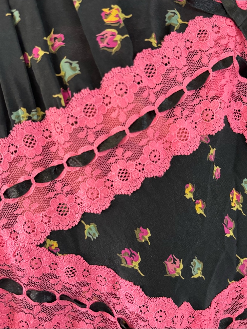 Vintage Betsey Johnson Y2K Silk Floral Maxi Gown Pink Lace Trim Size: 8 - Picture 9 of 15